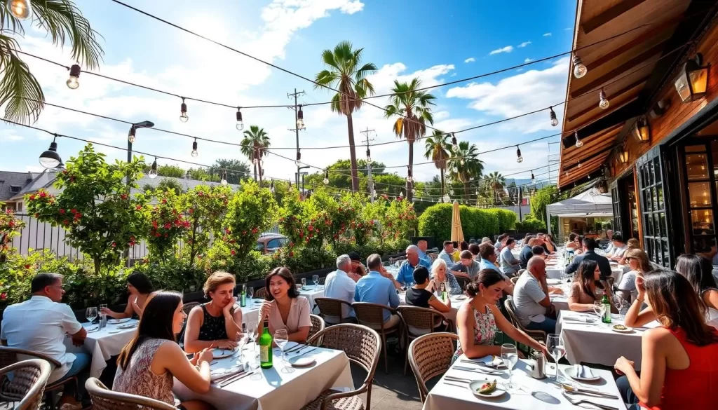 A sun-drenched outdoor dining area of a bustling Los Angeles restaurant, with crisp white tablecloths, polished silverware, and a vibrant greenery-filled backdrop. Patrons enjoy their meals under the warm glow of string lights and a cloudless sky, immersed in the lively atmosphere of this culinary haven. The scene exudes an inviting, sophisticated vibe, capturing the essence of the city's dynamic dining culture.