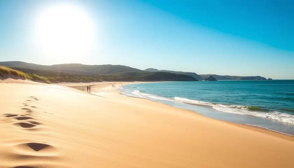 A sun-drenched, pristine beach on Block Island, Rhode Island. In the foreground, fine, golden sand dunes gently slope towards the crystal-clear azure waters of the Atlantic Ocean. In the middle ground, beachgoers stroll along the shoreline, their silhouettes casting long shadows as the sun hangs low in the sky. The background is framed by lush, verdant bluffs and rolling hills, creating a picturesque New England coastal landscape. Soft, diffused natural lighting casts a warm, inviting glow over the entire scene, capturing the serene and tranquil atmosphere of this hidden gem of the Northeast.