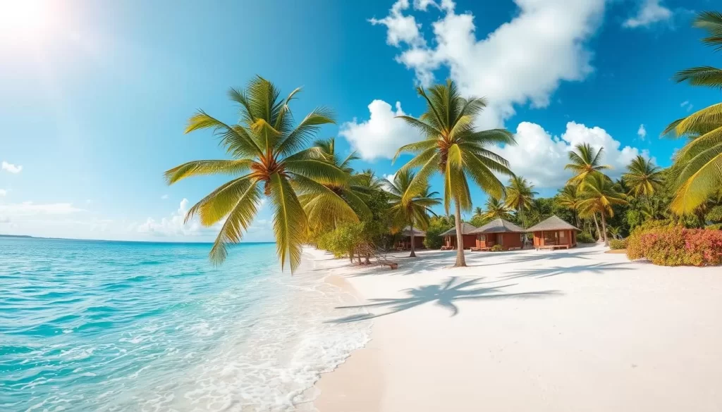 A sun-drenched, pristine white sand beach on Lankayan Island, Malaysia. Crystalline turquoise waters gently lap against the shore, creating a serene and tranquil atmosphere. In the foreground, lush palm trees sway gently in the warm breeze, casting soft shadows across the sand. The middle ground features a winding path leading towards a cluster of quaint beachfront bungalows, inviting visitors to explore and relax. In the background, a clear blue sky dotted with fluffy white clouds completes the idyllic tropical paradise. The scene is bathed in warm, natural lighting, captured through a wide-angle lens to showcase the expansive beauty of this pristine island destination.