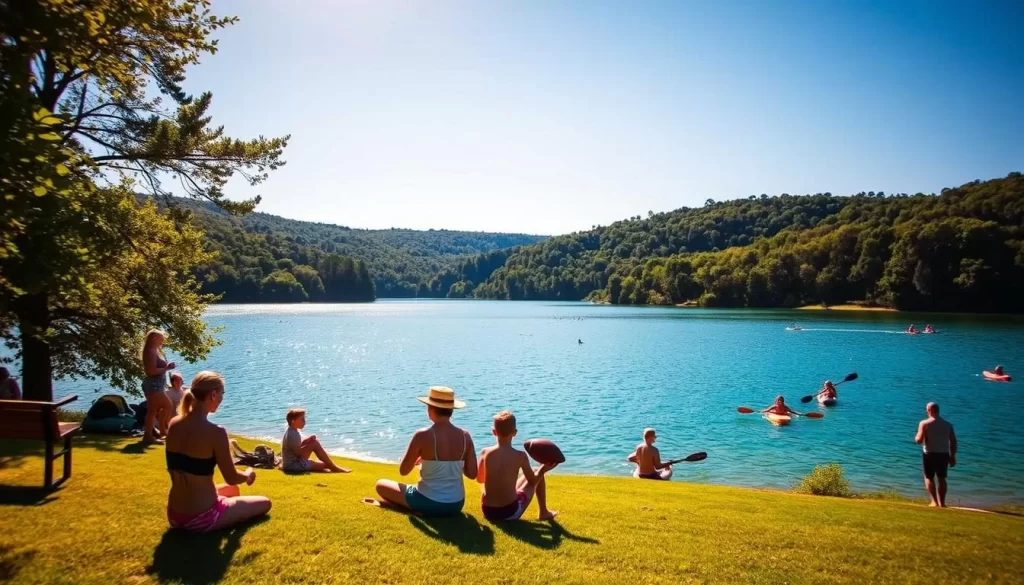 A sun-drenched scene in Alabama during the summer months. In the foreground, families gather on a lush, green lawn, playing frisbee and tossing a football. In the middle ground, a sparkling blue lake reflects the clear, azure sky, with people swimming, kayaking, and paddleboarding. In the background, rolling hills covered in verdant foliage provide a scenic backdrop. The warm, golden light of the afternoon sun casts a gentle glow, creating a sense of warmth and relaxation. A perfect day to enjoy the abundant outdoor activities that Alabama's summer has to offer.