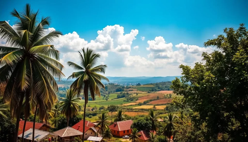 A sun-drenched scene in Notse, Togo, showcasing the region's lush, verdant climate. In the foreground, a quaint village with vibrant, thatched-roof homes nestled amid towering palm trees, their fronds gently swaying in the warm breeze. In the middle ground, rolling hills covered in a patchwork of verdant fields and orchards, their colors rich and vibrant. The background features a striking, hazy blue sky with fluffy white clouds, creating a serene and tranquil atmosphere. The lighting is soft and natural, casting a warm glow over the entire scene. The overall mood is one of peacefulness and natural beauty, capturing the essence of the ideal time to visit Notse, Togo.