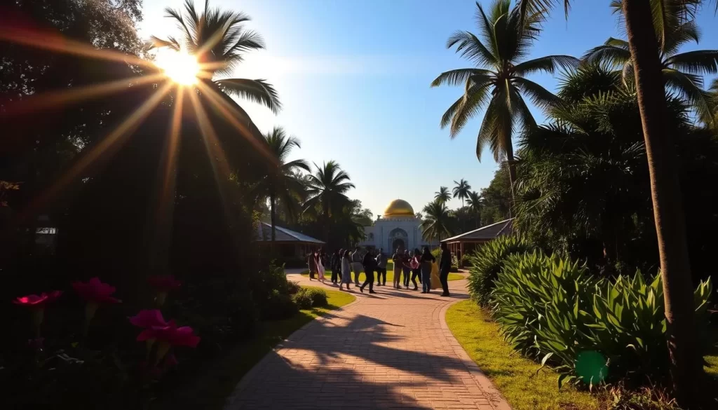 A sun-drenched scene in the serene community of Auroville, Tamil Nadu. In the foreground, a paved path meanders through lush, tropical greenery, flanked by vibrant flowers and towering palms. In the middle ground, a group of people explore the serene, eco-friendly architecture, casting long shadows under the warm, golden light. In the distance, the iconic Matrimandir stands tall, its glistening golden dome reflecting the clear, azure sky. The overall atmosphere exudes a sense of tranquility, inviting visitors to immerse themselves in the unique harmony of nature and human ingenuity that defines Auroville.