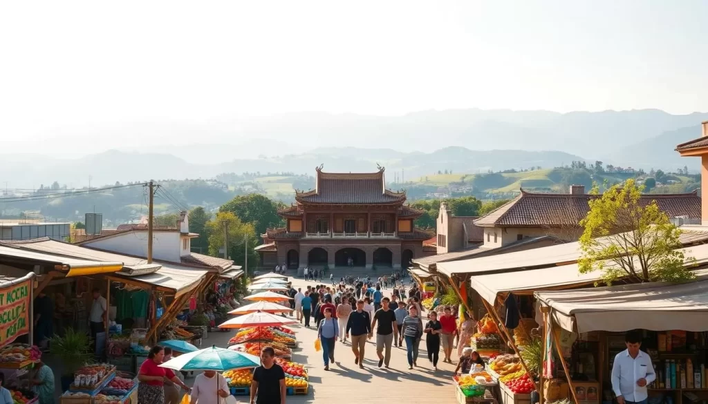 A sun-drenched scene of Changhua County, Taiwan, on a pleasant spring day. In the foreground, a bustling outdoor market overflows with colorful local produce and crafts, people strolling leisurely between stalls. In the middle ground, a historic temple stands proudly, its intricate architecture bathed in warm, soft light. Beyond, rolling hills and lush greenery stretch to the horizon, hazy mountains rising in the distance. The atmosphere is one of community, culture, and tranquility - the ideal time for visitors to immerse themselves in the rhythms of Changhua life.