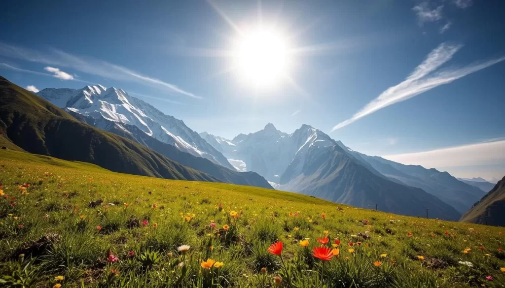 A sun-drenched scene of Pakistan's picturesque northern landscapes. In the foreground, a lush, verdant meadow dotted with vibrant wildflowers. Towering snow-capped peaks rise majestically in the middle ground, their icy summits glistening under the warm rays of the sun. In the background, a clear blue sky with wispy clouds, creating a serene and tranquil atmosphere. The lighting is soft and diffused, casting a golden glow over the entire scene. A wide-angle lens captures the sweeping vistas, inviting the viewer to immerse themselves in the breathtaking beauty of Pakistan's prime tourist season.