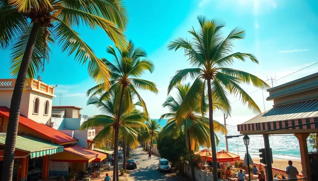 A sun-drenched scene of Puducherry's vibrant summer. Lush palm trees sway gently in the warm breeze, casting soft shadows on the bustling streets below. Colorful local shops and cafes line the sidewalks, their striped awnings adding a playful touch. The air is thick with the aroma of spices and floral blooms. In the distance, the azure waters of the Bay of Bengal sparkle, inviting beachgoers to dip their toes in the shimmering waves. The scene is illuminated by golden sunlight, creating a serene and idyllic atmosphere that captures the essence of Puducherry's captivating summer.