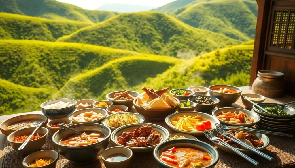A sun-drenched scene of a traditional Korean dining experience in South Jeolla Province. A low table is covered with an array of vibrant, artfully arranged dishes - steaming bowls of savory stews, platters of grilled and marinated meats, crisp banchan side dishes, and gleaming metal chopsticks. Lush, verdant hills rise in the background, evoking the rich, fertile landscape of the region. Warm, soft lighting casts a golden glow over the scene, creating an inviting, cozy atmosphere. The composition is balanced and visually appealing, highlighting the harmony and care inherent in this authentic, immersive culinary experience.