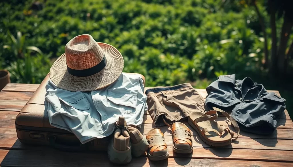 A sun-drenched scene of a well-packed suitcase resting on a wooden table, surrounded by essential items for a Laotian adventure: a wide-brimmed hat, a lightweight, breathable shirt, a pair of quick-drying cargo shorts, comfortable walking sandals, and a compact rain jacket. The soft, natural lighting casts a warm glow, creating a sense of tranquility and preparedness. In the background, a lush, verdant landscape hints at the vibrant, tropical environment that awaits the traveler. The composition is balanced and visually appealing, inviting the viewer to envision themselves packing for a weather-savvy trip to Laos.