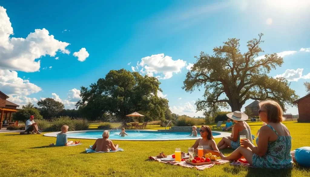 A sun-drenched scene of summer activities in Kansas, USA. In the foreground, people relax on a lush, verdant lawn, enjoying a picnic with fresh produce and refreshing drinks. In the middle ground, children playfully splash in a sparkling pool, their laughter filling the air. In the background, a majestic oak tree casts a gentle shade, while fluffy cumulus clouds drift across a vibrant blue sky. The lighting is warm and golden, evoking a sense of tranquility and leisure. The overall atmosphere is one of carefree celebration, perfectly capturing the essence of a delightful summer day in Kansas.