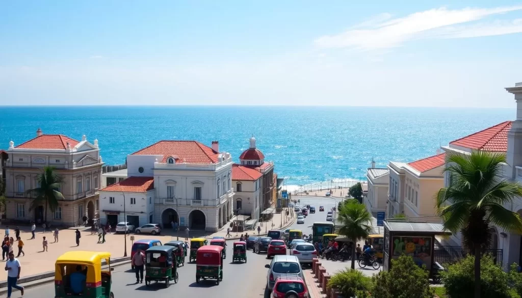 A sun-drenched seaside landscape in Puducherry, India, showcasing its iconic French colonial architecture and vibrant local culture. In the foreground, colorful rickshaws and pedestrians stroll along a bustling promenade, while in the middle ground, historic buildings with pale pastel facades and red-tiled roofs line the streets. In the background, the sparkling azure waters of the Bay of Bengal stretch out towards the horizon, with a few wispy clouds drifting overhead. The scene evokes a sense of tranquility and timelessness, capturing the essence of Puducherry as an ideal destination for a weather-savvy trip.