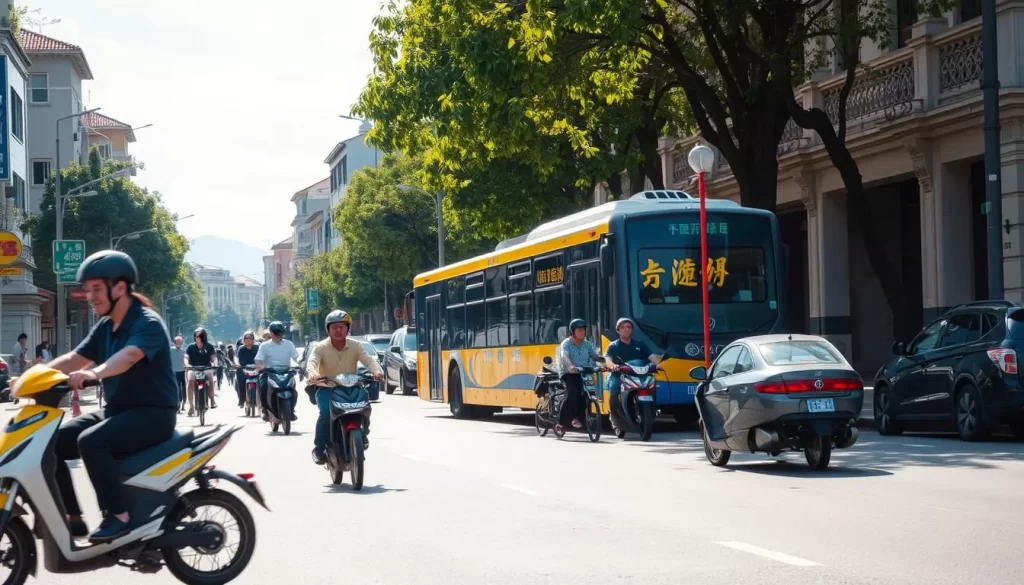 A sun-drenched street in Changhua County, Taiwan, bustling with a variety of transportation modes. In the foreground, electric scooters and bicycles weave through the traffic, their riders navigating the well-maintained roads. In the middle ground, a local bus with its distinct yellow and blue color scheme pauses at a stop, passengers boarding and disembarking. In the background, a few traditional Taiwanese three-wheeled motorcycles and a family-owned sedan cruise along, reflecting the diverse and efficient transportation network of the region. The scene is captured with a wide-angle lens, allowing for a comprehensive view of the urban landscape, with well-preserved historical buildings and lush greenery as the backdrop.