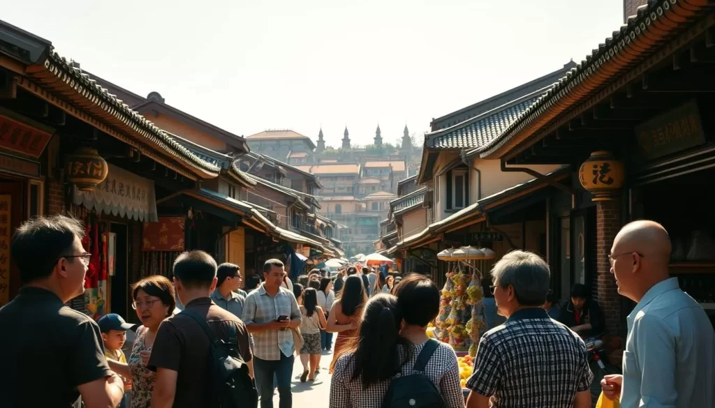 A sun-drenched street in Changhua County, Taiwan, lined with traditional Taiwanese shophouses and bustling with activity. In the foreground, people converse in Mandarin Chinese, their gestures and expressions animated. The mid-ground features a vibrant market, with vendors selling local produce and handicrafts. In the background, the ornate roofs and curved eaves of historic buildings stretch into the distance, bathed in warm, golden light. The scene conveys a sense of cultural vitality and the widespread use of Mandarin as the official language of Taiwan.