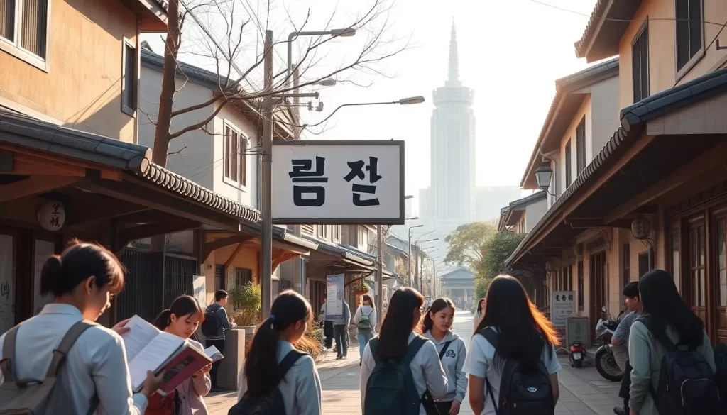 A sun-drenched street in a quaint Korean neighborhood, with traditional hanok houses lining the sidewalks. In the foreground, a group of students engrossed in their studies, textbooks and notebooks in hand. The mid-ground features a billboard displaying the Korean alphabet, Hangul, showcasing the language's elegant script. In the background, a government building stands tall, symbolizing the official status of the Korean language and the nation's efforts to preserve and promote it. Soft, warm lighting casts a welcoming glow, capturing the essence of the language's prominence in South Korean society.
