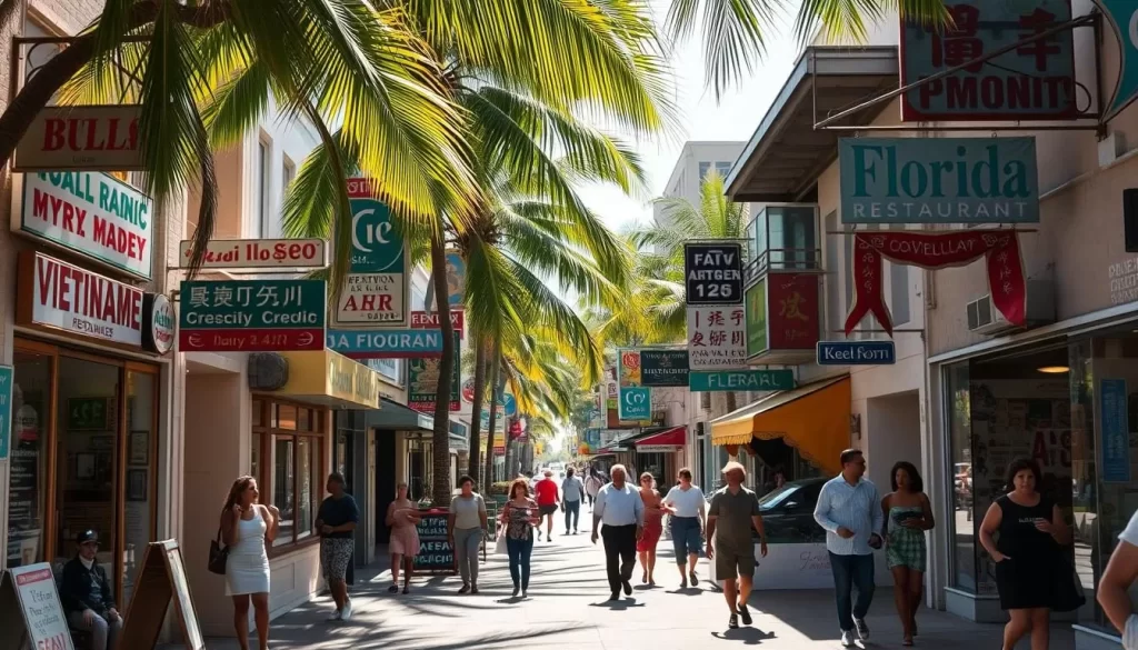 A sun-drenched street in a vibrant Florida neighborhood, lined with diverse shops and restaurants displaying signs in multiple languages - from Vietnamese and Arabic to Creole and Mandarin. People of various backgrounds stroll by, engaged in lively conversations. Colorful murals and banners adorn the buildings, celebrating the cultural tapestry of this dynamic community. Soft, natural lighting filters through swaying palm trees, creating a warm, welcoming atmosphere. Capture the essence of Florida's linguistic diversity beyond the dominant English and Spanish, showcasing the rich mosaic of languages that thrive in this vibrant state.