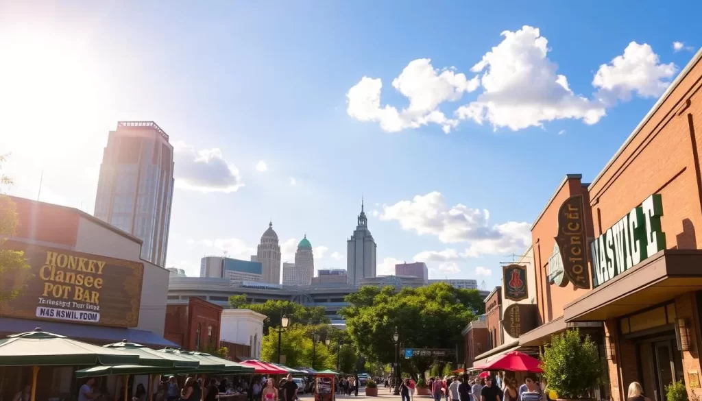 A sun-drenched summer day in downtown Nashville, Tennessee. Towering skyline silhouettes against a brilliant blue sky, with puffy white clouds casting soft shadows. In the foreground, a lively street scene - locals and tourists alike strolling along the sidewalks, lively music spilling from the open doors of honky-tonk bars. Bright pops of color from umbrellas and awnings, intermingled with the greenery of trees and planters. Warm, golden light bathes the scene, creating a vibrant, energetic atmosphere perfect for exploring the city's renowned music and entertainment.