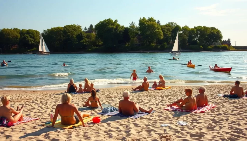 A sun-drenched summer day on the shores of the Great Lakes, with gently lapping waves caressing the sandy beaches. Families and friends lounge on vibrant beach towels, soaking up the warmth and enjoying the serene atmosphere. In the distance, sailboats and kayaks dot the horizon, their sails and paddles reflecting the shimmering water. Lush green trees line the shoreline, providing a natural backdrop to the idyllic scene. The air is filled with the scent of sunscreen and the laughter of children playing in the shallow waters. Warm, golden light bathes the entire landscape, creating a sense of tranquility and a perfect summer day at the Great Lakes.
