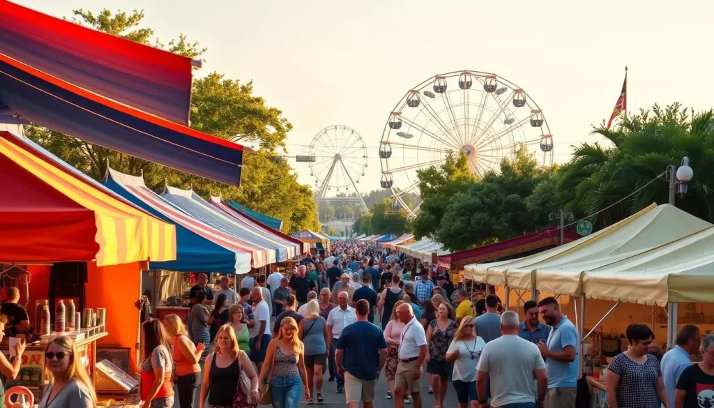 A sun-drenched summer festival in Maryland, USA. Vibrant tents and food stalls line the streets, their colorful awnings casting playful shadows. Crowds of people mingle, sampling local cuisine and browsing handcrafted goods. In the background, a Ferris wheel slowly rotates, its gondolas glinting in the warm afternoon light. Lively music and laughter fill the air, creating a joyful, celebratory atmosphere. The scene is bathed in a golden glow, with soft, diffused lighting that accentuates the festive mood. A sense of community and camaraderie permeates the environment, making this a quintessential summer festival experience.