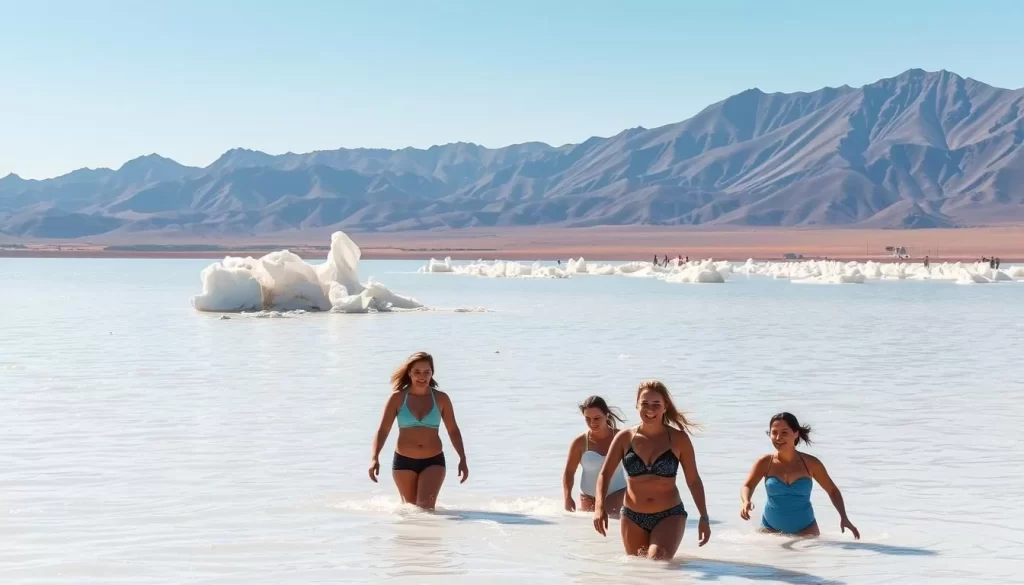 A sun-drenched summer scene at the serene Great Salt Lake, Utah. In the foreground, a group of visitors wade through the shallow, mineral-rich waters, their laughter echoing across the vast, shimmering expanse. The middle ground showcases the lake's distinctive salt formations, crystalline structures reflecting the warm, golden light. In the background, the rugged Wasatch Range rises majestically, its peaks casting long shadows over the peaceful scene. The atmosphere is one of relaxation and rejuvenation, inviting visitors to fully immerse themselves in the natural wonder of this unique and captivating environment.