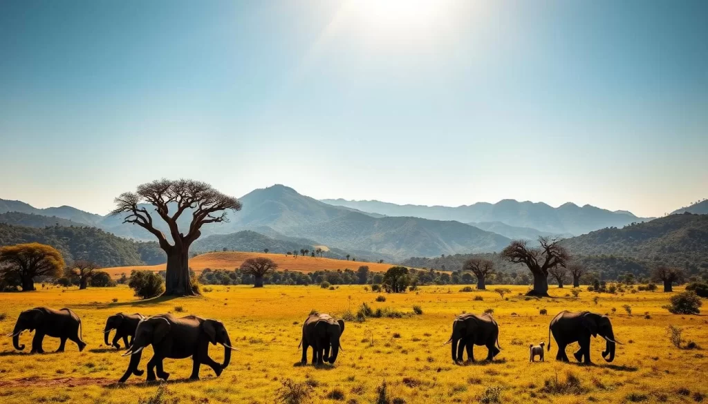 A sun-drenched, sweeping vista of Mkomazi National Park in Tanzania. In the foreground, a herd of majestic elephants ambles through a lush, verdant savanna, their trunks swaying gently. The middle ground features rolling hills dotted with ancient baobab trees, their twisted trunks silhouetted against a brilliant azure sky. In the distance, the dramatic peaks of the Usambara Mountains rise majestically, their slopes cloaked in a patchwork of dense forests and rugged rock formations. The scene is bathed in warm, golden light, creating a sense of tranquility and timelessness. Capture this breathtaking landscape with a wide-angle lens, showcasing the park's awe-inspiring natural beauty.