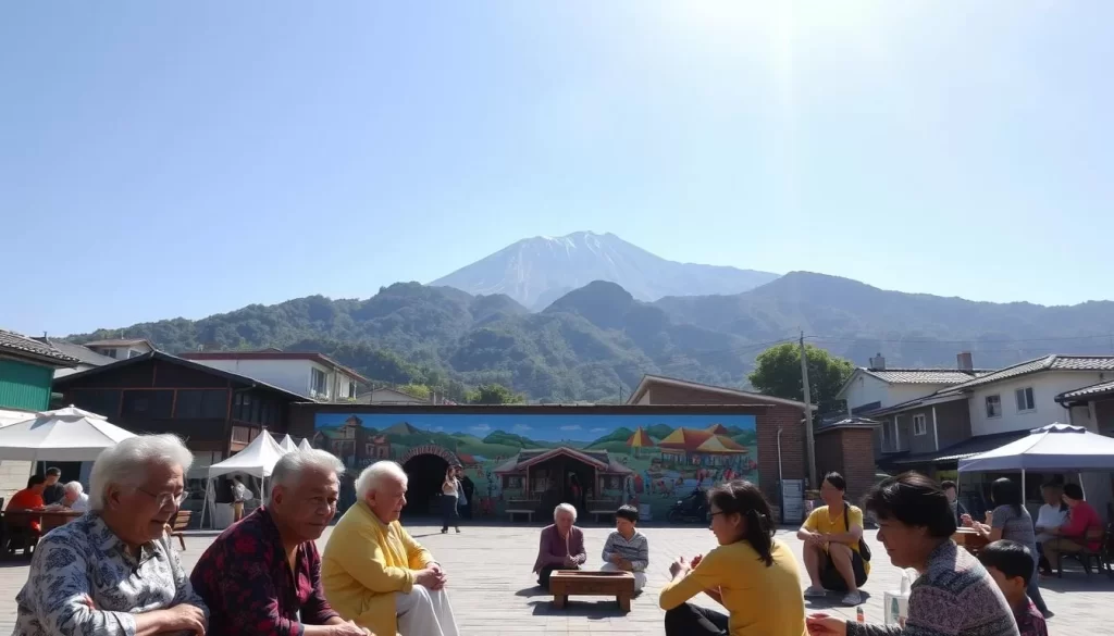 A sun-drenched town square in Jeju Island, South Korea. In the foreground, a group of elders engage in lively conversation, their faces alight with the Jeju dialect. Children play traditional games, their laughter echoing through the air. In the middle ground, a vibrant mural depicts the rich cultural heritage of the island, its colors and patterns a testament to the preservation of the Jeju language. In the background, the iconic volcanic peaks of Hallasan mountain provide a majestic backdrop, a silent witness to the enduring spirit of this unique linguistic community.