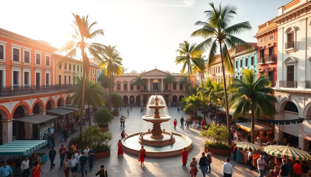 A sun-drenched town square in the French India Territory, with colorful colonial-era buildings lining the edges. In the center, a grand fountain surrounded by lush tropical foliage and people strolling leisurely. The streets are bustling with a diverse crowd, showcasing the cultural fusion of French and Indian influences - saris and berets, spice stalls and patisseries. Soft, warm lighting filters through the palm trees, casting a golden glow over the scene. A sense of timeless tranquility pervades the atmosphere, hinting at the rich history and linguistic diversity of this unique place.