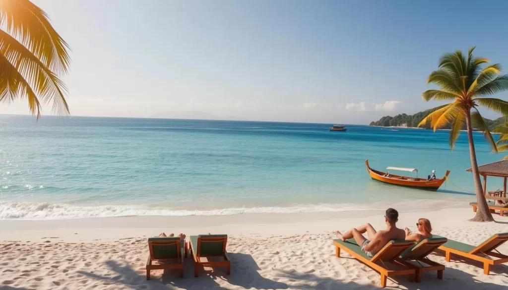 A sun-drenched tropical beach on Kapas Island, Malaysia. Serene azure waters lap against pristine white sand, surrounded by lush palm trees swaying gently in the warm breeze. Beachgoers relax on comfortable lounge chairs, taking in the breathtaking scenery. The scene is bathed in soft, golden sunlight, casting a tranquil, inviting atmosphere. In the distance, a few small wooden boats dot the horizon, adding to the picturesque island charm. The overall mood is one of pure relaxation and escape from the everyday.