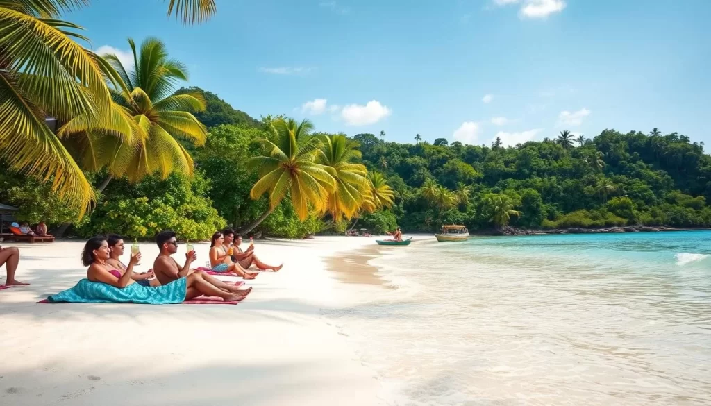 A sun-drenched tropical beach on a tranquil Malaysian island. In the foreground, a group of people relaxing on plush beach towels, sipping colorful cocktails and soaking up the warm rays. The middle ground showcases gently lapping turquoise waves caressing the powdery white sand. In the background, swaying palm trees and lush jungle foliage create a serene, verdant backdrop. The scene is bathed in soft, golden light, evoking a sense of languid, carefree relaxation. A picturesque scene of idyllic beach life, perfect for an article on the best activities and relaxation options on Pom Pom Island.