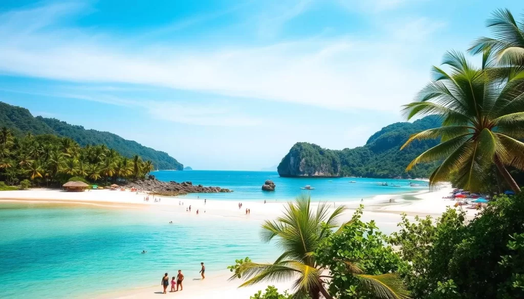 A sun-drenched tropical paradise on the shores of Ko Chang, Thailand. Pristine white sand beaches caressed by turquoise waters, palm trees swaying in the gentle ocean breeze. In the foreground, people leisurely strolling along the coastline, swimming, or relaxing on colorful beach towels. The middle ground reveals a scenic cove with dramatic limestone cliffs rising in the distance. The background showcases the lush, verdant hills of the island, basking in the warm glow of the afternoon sun. Capture this serene, idyllic scene with a wide-angle lens, creating a sense of depth and tranquility.