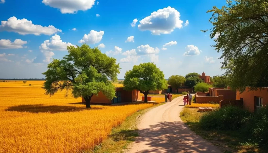 A sun-drenched village in the heart of Punjab, India. Golden fields of wheat stretch as far as the eye can see, their swaying stalks catching the warm breeze. In the foreground, a dirt road winds through the landscape, lined with vibrant green trees providing much-needed shade from the scorching summer heat. Overhead, a clear blue sky is dotted with fluffy white clouds, casting gentle shadows across the scene. The warm glow of the midday sun illuminates the adobe buildings, their ochre hues reflecting the intensity of the season. Locals move leisurely, seeking respite from the heat, while the distant sound of laughter and the aroma of spices fill the air, creating an atmosphere of languid tranquility.