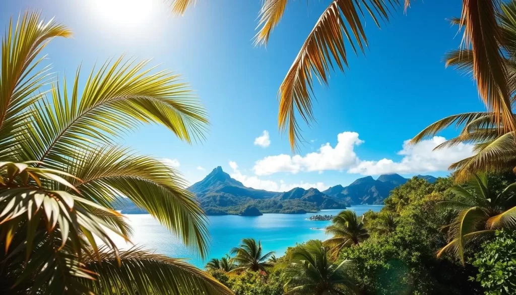 A sun-drenched vista of lush tropical foliage in the dry season of French Polynesia. In the foreground, verdant palm fronds sway gently in a warm breeze. The middle ground features a tranquil lagoon, its turquoise waters reflecting the cloudless azure sky above. In the distance, rugged volcanic peaks rise majestically, their slopes adorned with vibrant native flora. Warm, golden sunlight filters through the scene, casting a serene, idyllic atmosphere. Capture the essence of this weather-perfect time of year in the remote French Pacific paradise.