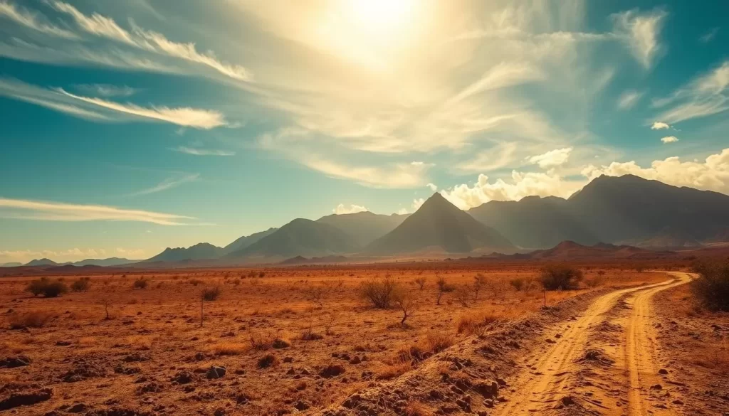 A sun-kissed landscape in Timor-Leste during the dry season. In the foreground, a parched and rugged terrain with sparse vegetation. Towering mountains in the middle ground, their peaks bathed in warm, golden light. Wispy clouds drift across a bright, azure sky, casting gentle shadows on the landscape below. The air is dry and still, evoking a sense of tranquility and timelessness. A weathered dirt path winds through the scene, hinting at the resilience of the land and its people. Capture the essence of Timor-Leste's natural beauty and the resilience of its landscape during the dry months.
