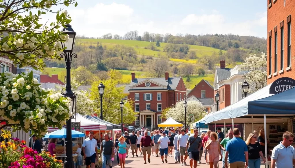 A sun-kissed spring day in a quaint Maryland town, where vibrant blooms adorn the streets and locals gather to celebrate the season. In the foreground, a lively festival scene unfolds - artisans showcasing their wares, food vendors sizzling up delectable treats, and families strolling amidst the cheerful crowd. The middle ground features a historic town square, its brick buildings and wrought-iron lampposts framing the festivities. In the background, a gently rolling landscape of verdant hills and blooming trees sets the stage for this idyllic springtime celebration, bathed in warm, golden light and a hint of soft, wispy clouds.