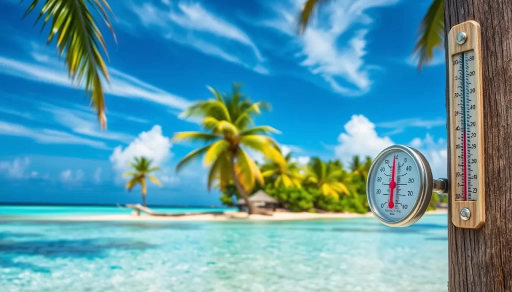 A sun-kissed tropical island, its lush palm trees swaying gently in the warm breeze. The crystal-clear azure waters of the lagoon reflect the brilliant sky above, dotted with wispy clouds. In the foreground, a thermometer mounted on a weathered wooden post displays the temperature - a comfortable, balmy reading that invites visitors to bask in the island's idyllic climate. The scene exudes a sense of tranquility and leisure, hinting at the perfect weather conditions that make this the ideal time to explore the island's natural wonders.