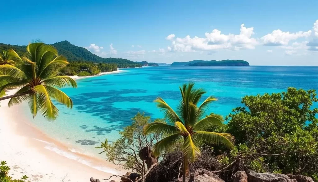 A sun-kissed tropical paradise, Andaman and Nicobar Islands shimmer under a clear blue sky. Pristine white sand beaches stretch along the coastline, framed by lush palms swaying gently in the breeze. Turquoise waters beckon, inviting visitors to dive into their crystalline depths, teeming with vibrant coral reefs and diverse marine life. In the distance, verdant hills rise, their slopes cloaked in verdant foliage. Soft, diffused lighting bathes the scene, creating a serene, timeless atmosphere. This idyllic landscape captures the essence of the best months to visit the Andaman and Nicobar Islands, when the weather is warm, dry, and perfect for a weather-savvy adventure.