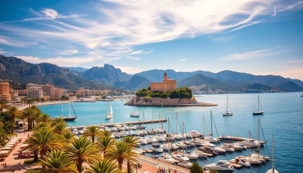 A sun-soaked coastal landscape of the French Riviera, featuring the picturesque town of Nice nestled between the azure Mediterranean Sea and the rolling hills. Capture the charming promenade lined with palm trees and chic cafes, with sailboats and yachts dotting the calm waters in the foreground. In the middle ground, showcase the iconic Château de Nice perched atop a rocky promontory, overlooking the bustling harbor. In the background, depict the rugged, pine-covered mountains that provide a stunning natural backdrop to this quintessential Mediterranean setting. Convey the relaxed, luxurious atmosphere with warm, golden sunlight filtering through wispy clouds and casting gentle shadows across the scene.