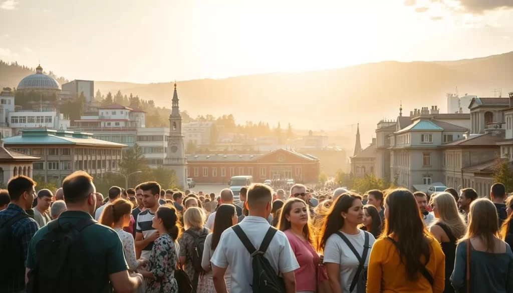 A sunlit Georgian cityscape with a vibrant, diverse population. In the foreground, a group of people from various backgrounds, each with a different level of English proficiency, engaged in candid conversations and interactions. The middle ground showcases schools, community centers, and public spaces, representing the educational and social resources available to support those with limited English skills. In the background, the iconic architecture and landmarks of Georgia's urban landscapes, subtly hinting at the state's rich cultural heritage. The scene is bathed in warm, natural lighting, conveying a sense of welcoming and inclusivity. The overall atmosphere is one of dynamism, progress, and the vibrant integration of diverse linguistic communities.