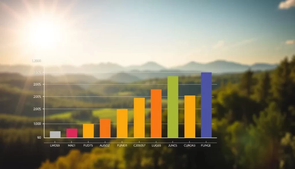A sunlit, bird's-eye view of a bar graph illustrating English proficiency levels across different language groups in Vermont. The graph stands prominently in the foreground, its clean lines and vibrant colors reflecting the crisp, warm daylight. In the background, a softly blurred Vermont landscape unfolds, with rolling hills, verdant forests, and the distant silhouette of the Green Mountains. The mood is one of clarity and informative presentation, inviting the viewer to explore the nuances of language proficiency within this diverse, picturesque state.