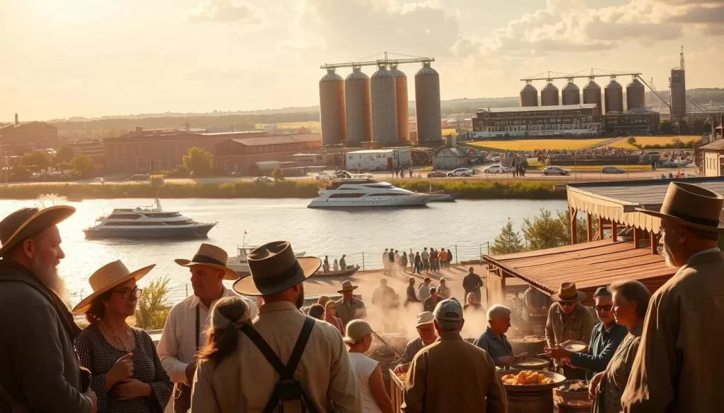 A sunlit historical landscape of Missouri, showcasing the diverse languages that have shaped the state's cultural tapestry over time. In the foreground, a group of settlers from various European backgrounds converse animatedly, their expressions and gestures reflecting the rich exchange of ideas. In the middle ground, a bustling market scene with merchants and patrons from diverse ethnic backgrounds, each immersed in their native tongues. In the background, a majestic riverfront, with boats plying the waters and the silhouettes of towering grain silos, a testament to the agricultural heritage of the region. The scene is bathed in warm, golden light, conveying a sense of harmony and historical continuity.