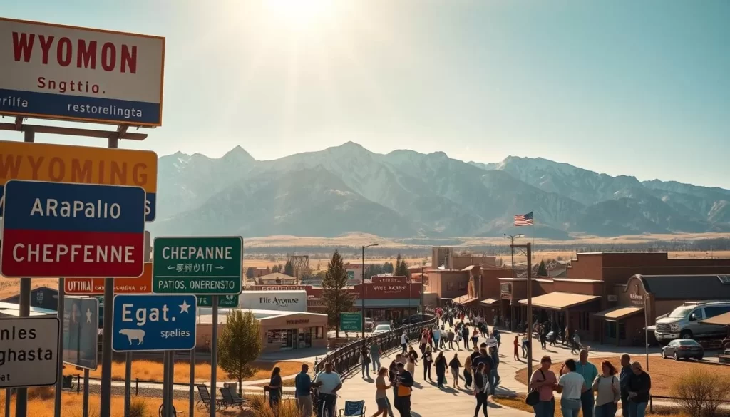 A sunlit vista of Wyoming's diverse linguistic landscape. In the foreground, billboards and road signs in multiple languages - English, Spanish, Arapaho, Cheyenne - reflecting the vibrant multilingual culture. In the middle ground, a bustling town square with people conversing in a variety of tongues, their animated gestures and expressions conveying the richness of verbal exchange. The background showcases the majestic Rocky Mountains, their snow-capped peaks a serene backdrop to the linguistic tapestry unfolding below. Warm natural lighting casts a golden glow, evoking a sense of harmony and inclusion. Captured through a wide-angle lens to emphasize the expansive, panoramic nature of Wyoming's linguistic diversity.