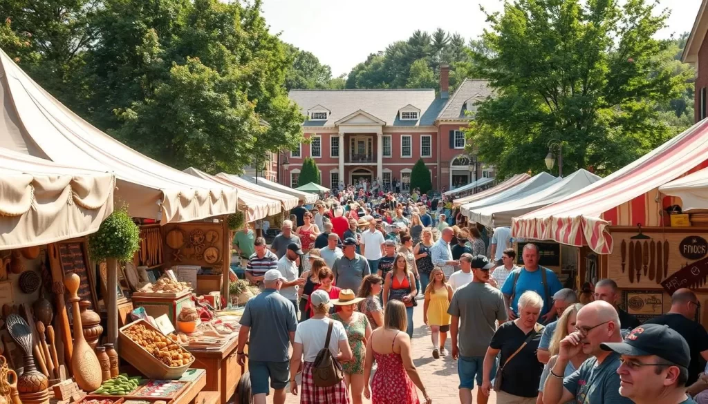 A sunny Pennsylvania festival filled with vibrant stalls, lively crowds, and a warm, welcoming atmosphere. In the foreground, artisanal craft vendors display their handmade wares, from intricate woodcarvings to colorful textiles. The middle ground bustles with visitors exploring local food stands, the aroma of freshly baked goods and sizzling delicacies wafting through the air. In the background, a historic town square provides a picturesque backdrop, with quaint buildings and lush greenery framing the scene. Soft, diffused lighting casts a golden glow, creating a sense of comfort and celebration. Shot with a wide-angle lens to capture the festival's vibrant energy and community spirit.