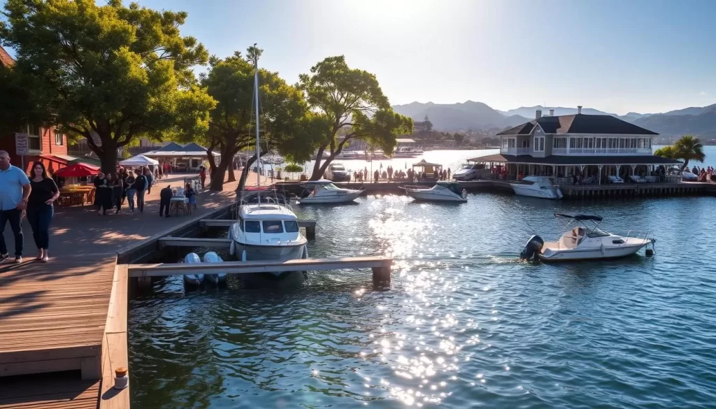 A sunny afternoon at the Knysna Waterfront, South Africa. A bustling harbor scene with boats docked, wooden piers, and vibrant cafes lining the shore. Sunlight glitters on the calm waters, casting reflections on the surrounding architecture. People stroll along the promenade, enjoying the scenic views of the Knysna Lagoon and the distant Outeniqua Mountains. Dappled shadows from towering trees create a pleasant, relaxed atmosphere. The warm, inviting colors and textures of the buildings create a charming, coastal ambiance. Capture the essence of this picturesque waterfront destination.
