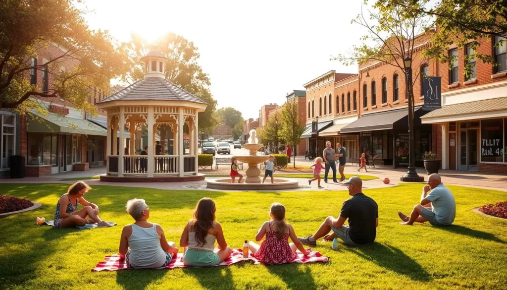 A sunny afternoon in Canton, Mississippi. In the foreground, a family enjoying a picnic on the lush green lawn of a quaint town square, with a classic gazebo and fountain as the centerpiece. In the middle ground, children play on a well-maintained playground, their laughter and joy filling the air. In the background, charming brick buildings and historic storefronts line the streets, capturing the small-town ambiance. Warm, golden lighting filters through the trees, creating a welcoming and family-friendly atmosphere. The scene evokes a sense of community, leisure, and timeless Americana.