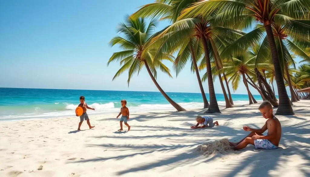 A sunny day at Gulf Shores, Alabama. In the foreground, a family enjoys the soft, golden sand, playing with a frisbee and building sandcastles. The middle ground showcases the azure waters of the Gulf of Mexico, gentle waves lapping at the shore. In the background, a vibrant green canopy of palm trees sways in the warm breeze, creating a serene and inviting atmosphere. The lighting is soft and natural, with just the right balance of sunlight and shadows. The scene captures the perfect blend of relaxation and adventure that epitomizes the family-friendly activities in Gulf State Park.