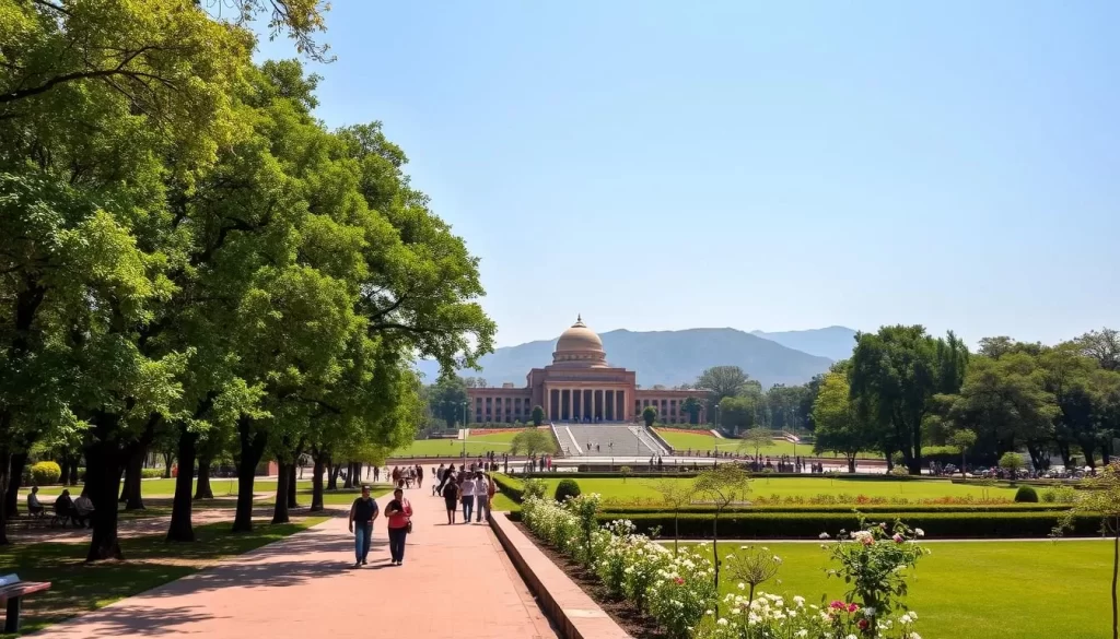 A sunny day in Chandigarh, India. In the foreground, a serene park with lush green trees and blooming flowers. Visitors stroll along the well-maintained paths, taking in the pleasant atmosphere. In the middle ground, the iconic Capitol Complex designed by Le Corbusier comes into view, its modernist architecture casting long shadows under the bright sun. In the background, the rolling Shivalik hills provide a picturesque backdrop, hinting at the natural beauty surrounding the city. The scene conveys a sense of tranquility and architectural harmony, showcasing Chandigarh as an ideal destination for a weather-savvy trip.