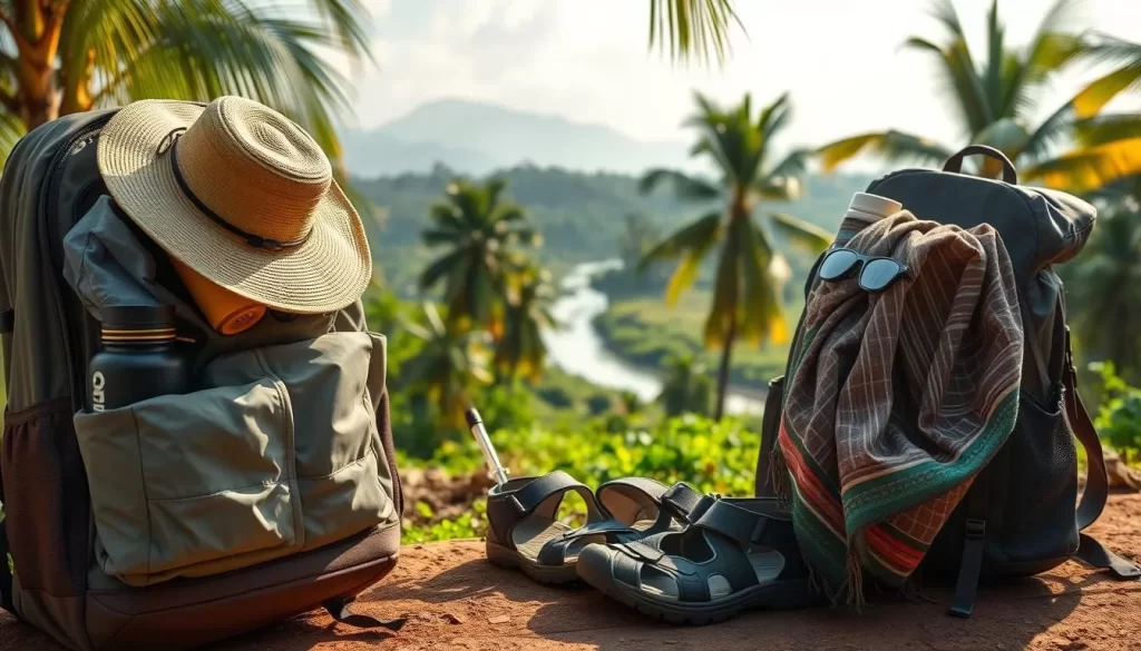 A sunny day in Kerala, India. In the foreground, a neatly packed backpack with essentials for a weather-savvy trip: a lightweight rain jacket, a wide-brimmed hat, a compact umbrella, and a reusable water bottle. The middle ground features a set of comfortable trekking sandals and a versatile sarong. In the background, lush, verdant landscapes with swaying palm trees and a glimpse of a meandering river. The scene is bathed in soft, warm lighting, evoking the tropical ambiance of this picturesque southern Indian state.