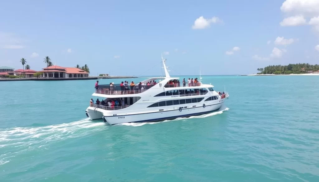 A sunny day in Kuala Terengganu, Malaysia. A large ferry boat gliding smoothly across the calm, turquoise waters of the South China Sea, carrying a mix of locals and tourists. The vessel's sleek white exterior gleams in the bright sunlight, its deck populated with passengers taking in the scenic coastal landscape. In the background, a picturesque shoreline dotted with palm trees and traditional Malaysian architecture. The scene conveys a sense of tranquility and easy island-hopping transportation for visitors to the Terengganu archipelago.