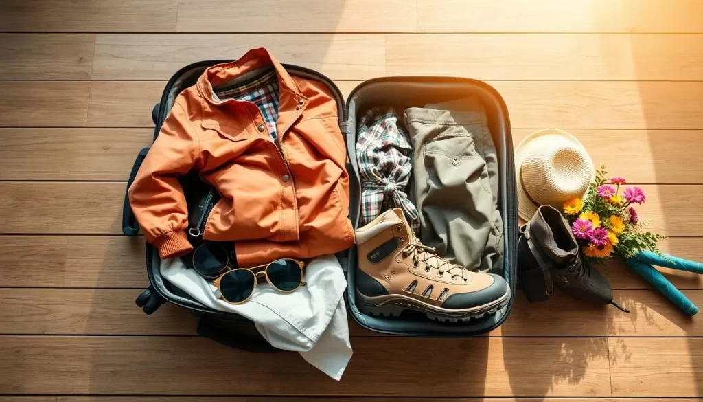 A sunny day in Virginia, USA. A suitcase open on a wooden table, filled with weather-appropriate clothing and accessories. Lightweight jackets, versatile shirts, comfortable pants, and sturdy hiking boots. Sunglasses, a sunhat, and a compact umbrella lie neatly beside the suitcase. The table is adorned with a vibrant floral arrangement, complementing the natural, earthy tones of the packing items. Soft, diffused lighting illuminates the scene, creating a warm and inviting atmosphere. The composition emphasizes organization, practicality, and a sense of adventure, reflecting the "weather-savvy" theme.