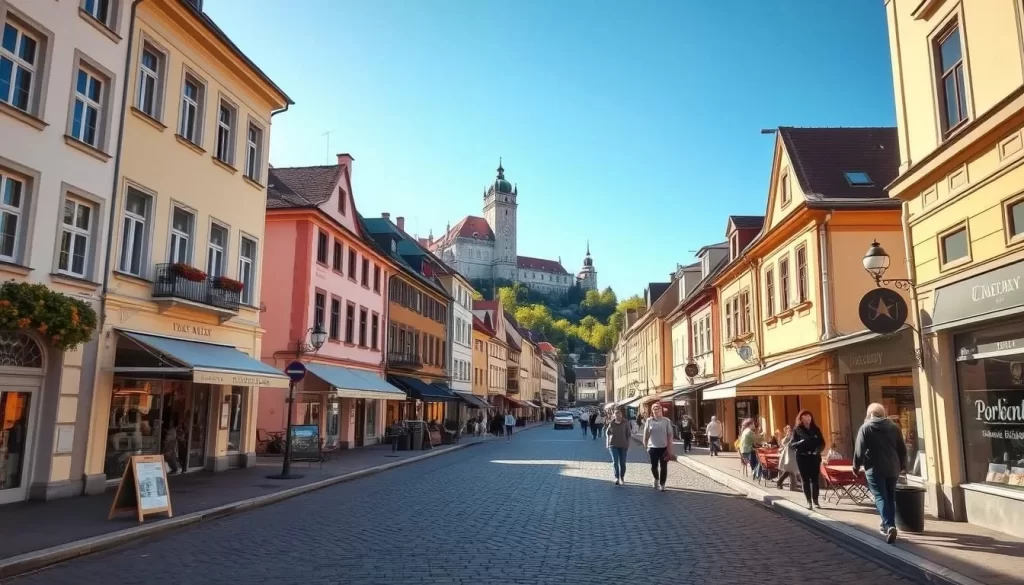 A sunny, picturesque day on the historic Hauptstrasse in Eisenstadt, Austria. The wide, cobblestone street is lined with charming Baroque-style buildings, their pastel facades and ornate details bathed in warm, golden light. Quaint shops, cafes, and local vendors spill out onto the sidewalks, creating a lively, pedestrian-friendly atmosphere. In the distance, the impressive Schloss Esterhazy castle towers above, its striking silhouette framed by the clear, azure sky. Locals and visitors alike stroll leisurely, pausing to admire the vibrant window displays or savor a refreshing drink at one of the outdoor tables. An inviting, quintessentially European scene that captures the essence of Eisenstadt's historic and cultural heart.