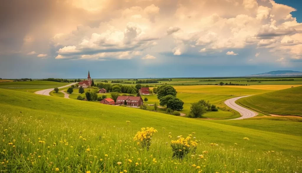 A sunny spring day in Kansas, with rolling green hills dotted with wildflowers in the foreground. In the middle ground, a winding country road leads to a small town, its red-roofed buildings and church steeples peeking out from lush trees. In the distance, dramatic storm clouds gather on the horizon, hinting at the ever-changing Kansas weather. The scene is bathed in warm, golden light, casting long shadows and creating a sense of tranquility and anticipation. The overall mood is one of pastoral beauty and the promise of adventure, inviting the viewer to explore the seasonal wonders of this Midwestern state.