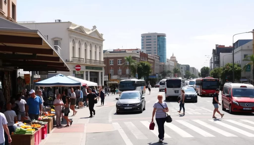A sunny street in East London, South Africa, bustling with locals and tourists. In the foreground, a group of people at a street market, colorful produce and crafts on display. In the middle ground, pedestrians crossing at a well-marked crosswalk, cars and buses moving cautiously. The background features a mix of historic buildings and modern shops, with clear skies and a warm, inviting atmosphere. Lighting is natural, with a soft, diffused glow. The scene conveys a sense of safety, community, and vibrant city life.