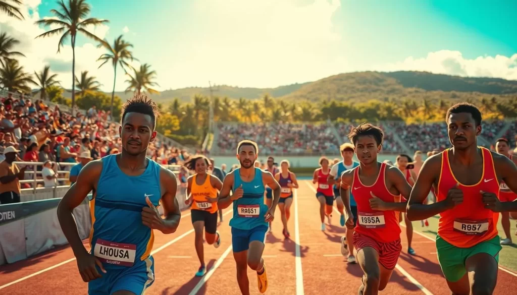 A sunny, vibrant scene of the Nauru National Youth Day sporting events. In the foreground, athletes in colorful uniforms compete in various track and field events, their determined expressions captured in sharp focus. In the middle ground, spectators lining the sides of the stadium cheer enthusiastically, creating an electric atmosphere. The background showcases the stunning natural landscape of Nauru, with palm trees and a clear blue sky framing the action. The lighting is warm and golden, accentuating the energy and vitality of the event. Capture the essence of youth, health, and community spirit in this dynamic scene.